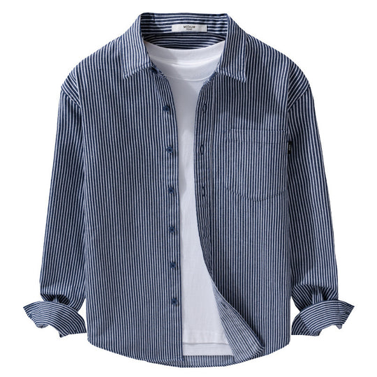 Herren Leichtes Nadelstreifen-Hemd im Layering-Overshirt-Stil mit Kentkragen und aufgesetzter Brusttasche Shop Nory