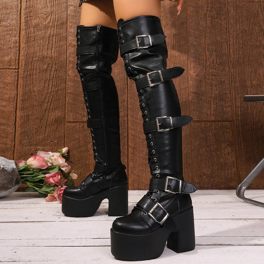 Damen Overknee Stiefel mit modischen Schnallen und hochmodernem Plateau Shopnory