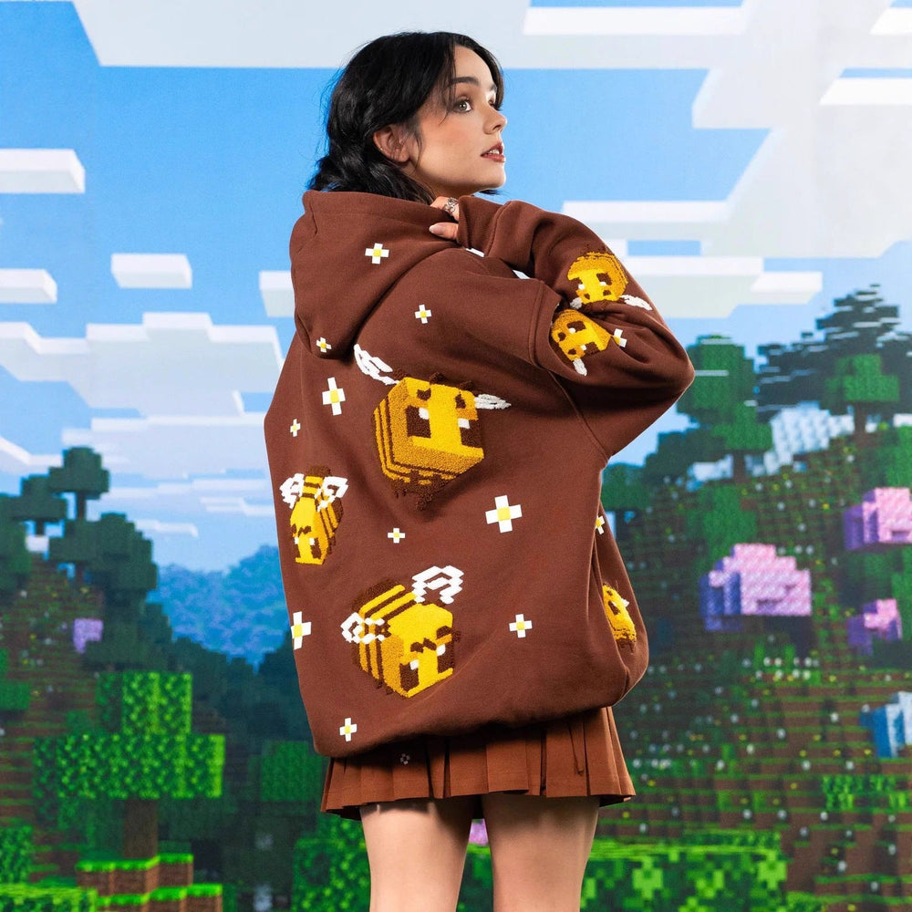 Unisex nan Kapuzenpullover mit eingestricktem Pixel-Bienenmotiv und aufgesetzter Kängurutasche