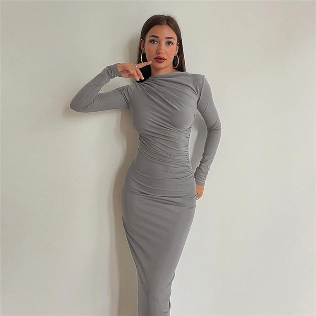 Damen figurbetontes Maxikleid mit hohem Kragen und seitlicher Raffung Shop Nory