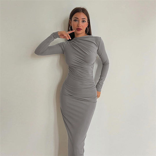 Damen figurbetontes Maxikleid mit hohem Kragen und seitlicher Raffung Shop Nory