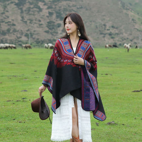 Damen Oversize-Poncho im Ethno-Jacquard mit V-Ausschnitt und strukturiertem Saum Shop Nory
