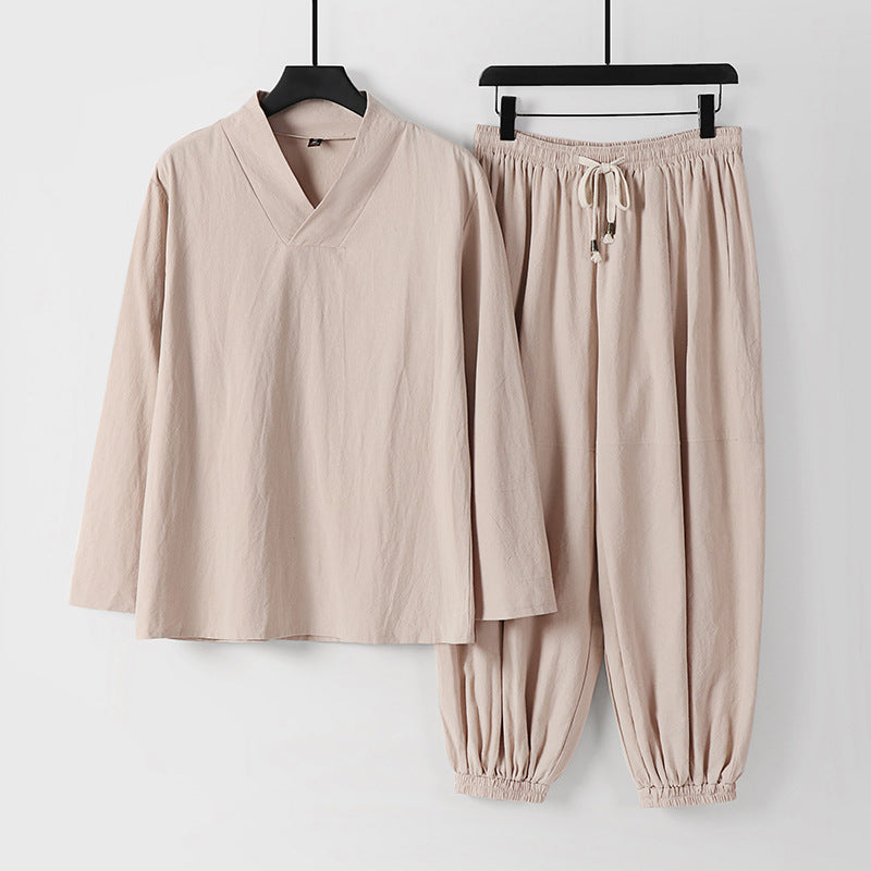 Herren Lockeres Leinen-Loungewear-Set mit V-Ausschnitt elastischem Bund und gerafften Knöcheln Shop Nory