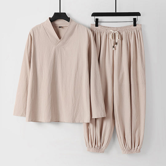 Herren Lockeres Leinen-Loungewear-Set mit V-Ausschnitt elastischem Bund und gerafften Knöcheln Shop Nory
