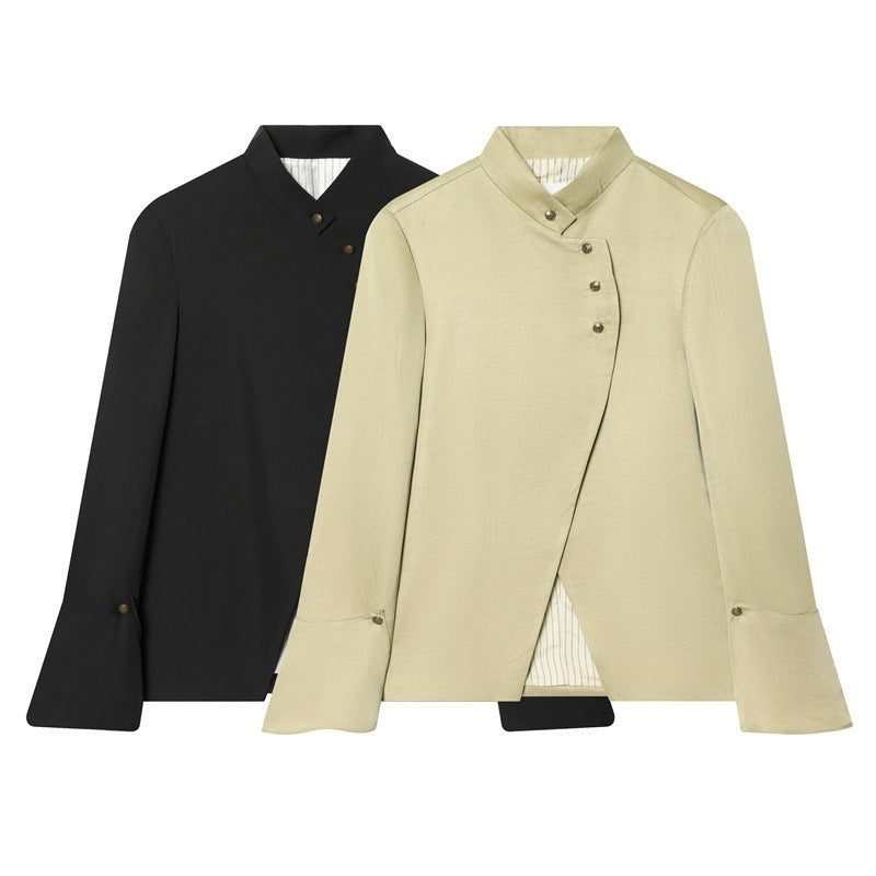 Damen Asymmetrische Blusenjacke mit Stehkragen und ausgestellten Manschetten Shop Nory