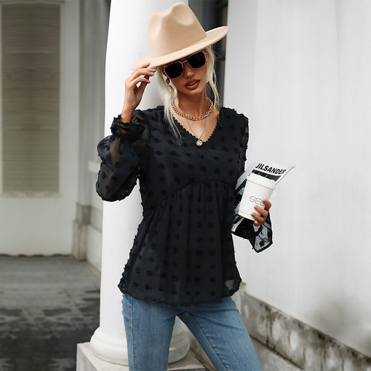Damen Transparente Chiffon‑Bluse mit V‑Ausschnitt, erhabener Punkte‑Textur und Babydoll‑Silhouette Shop Nory