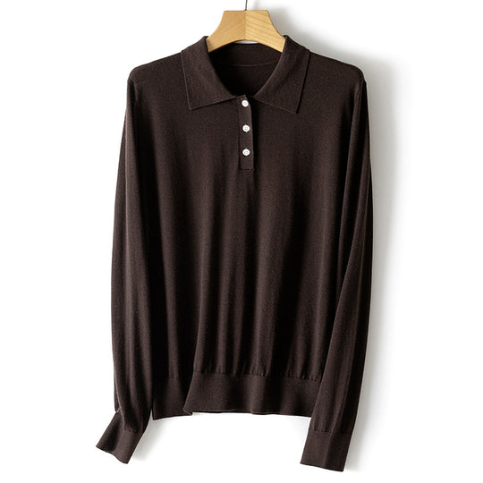 Damen Feiner Langarm-Polo-Pullover aus Feinstrick mit Knopfleiste Shop Nory