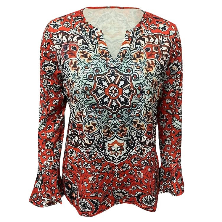 Damen Boho-Tunika-Bluse mit Mandala-Print, V-Ausschnitt und dreiviertel Ärmeln Shop Nory