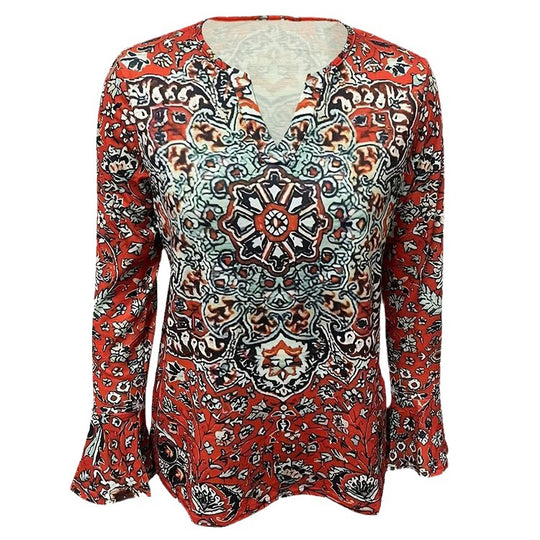 Damen Boho-Tunika-Bluse mit Mandala-Print, V-Ausschnitt und dreiviertel Ärmeln Shop Nory