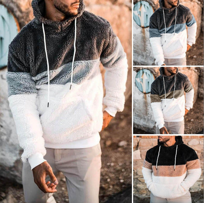 Herren Farbblock-Teddy-Fleece Kapuzenpullover mit Kängurutasche und Tunnelzug Shop Nory