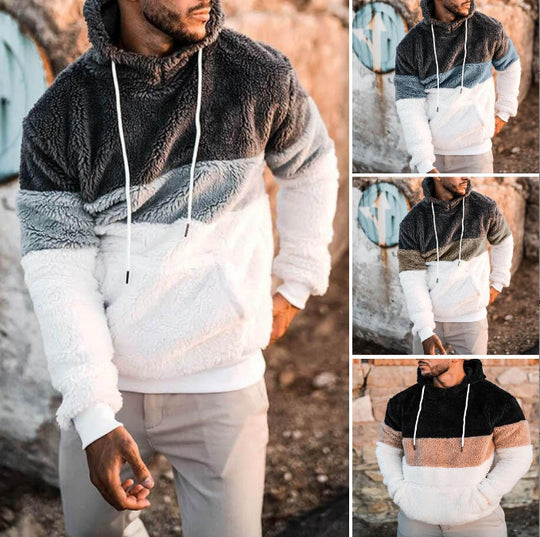 Herren Farbblock-Teddy-Fleece Kapuzenpullover mit Kängurutasche und Tunnelzug Shop Nory