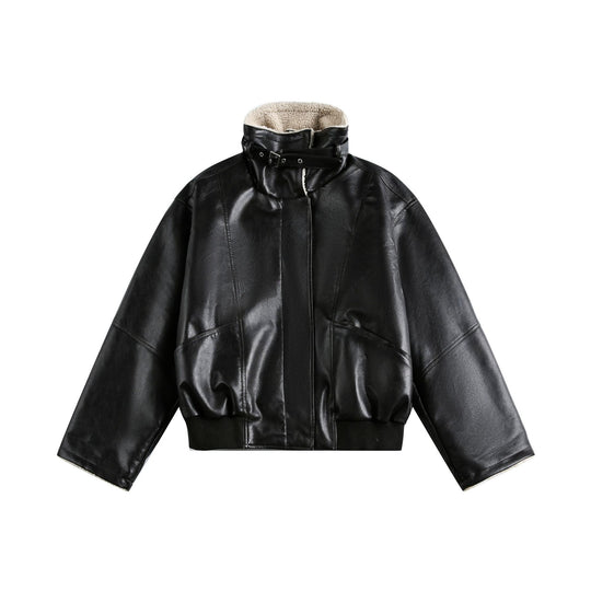 Damen Moderner Aviator-Blouson aus veganem Leder mit Teddykragen und kontrastierten Ärmelumschlägen Shop Nory
