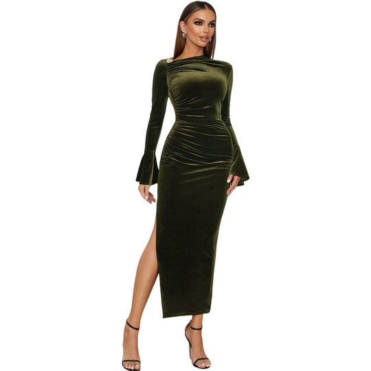Damen figurbetontes Samt-Abendkleid mit Drapierung Ein-Schulter‑Detail Glockenärmeln und hohem Beinschlitz Shop Nory