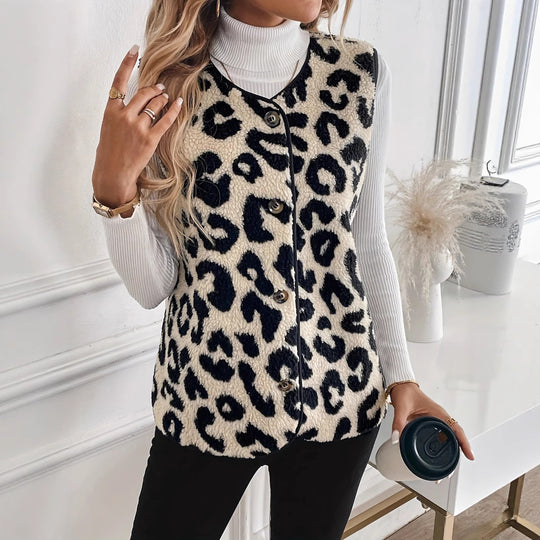 Damen Ärmellose Teddy-Weste mit Leo-Muster, Knopfleiste und abgerundetem Saum Shop Nory