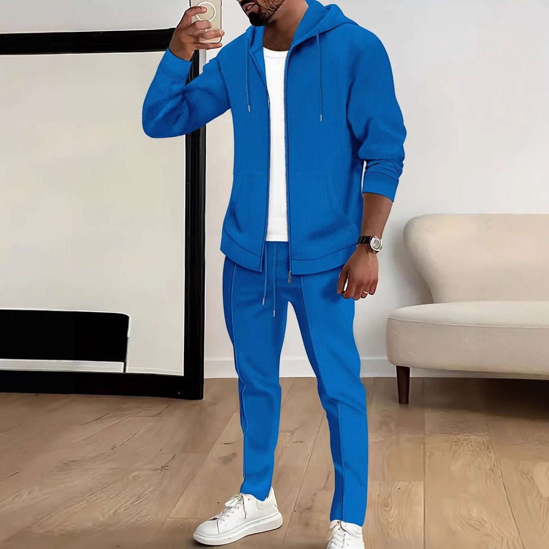 Herren nan Waffelstruktur-Jogginganzug mit Kapuzen-Zipjacke und konisch geschnittener Jogginghose
