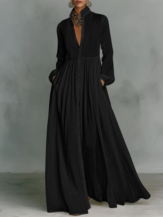 Damen Maxikleid mit Stehkragen, durchgehender Knopfleiste, taillenhoher Raffung und Eingrifftaschen Shop Nory