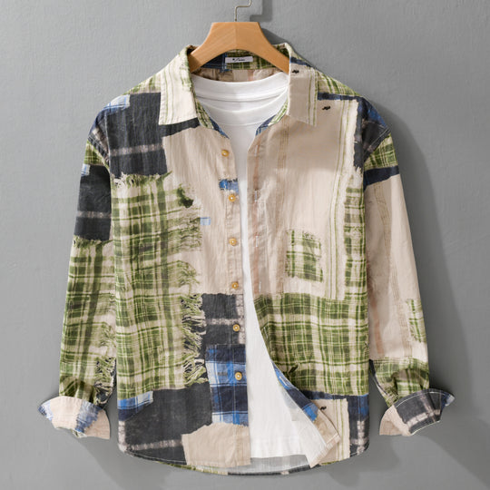 Herren Relaxed Patchwork-Karo Hemdjacke mit ausgefransten Kanten und Crinkle-Finish Shop Nory