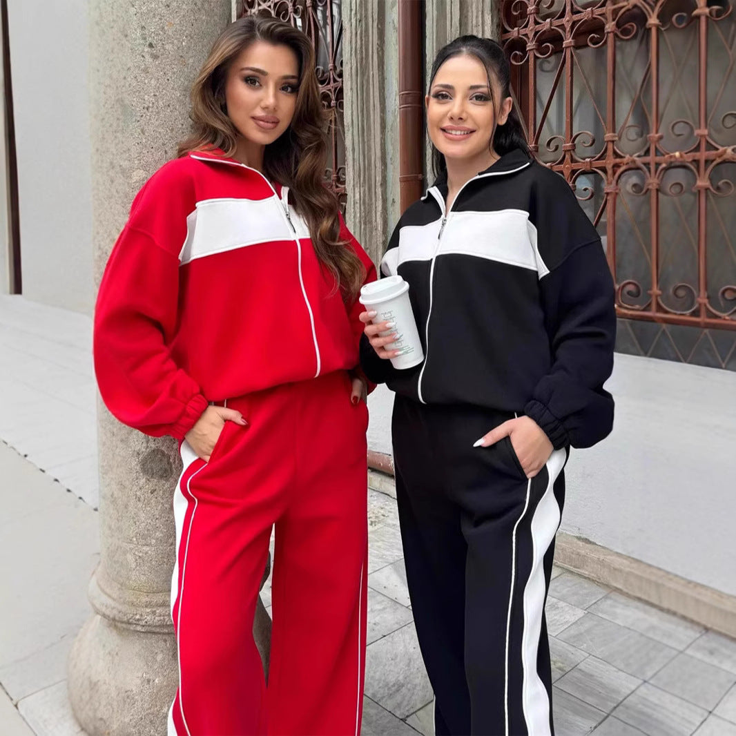 Damen Komfortables Campus-Lounge-Set mit kurzem Reißverschluss-Top und Seitenstreifen-Jogger Shop Nory
