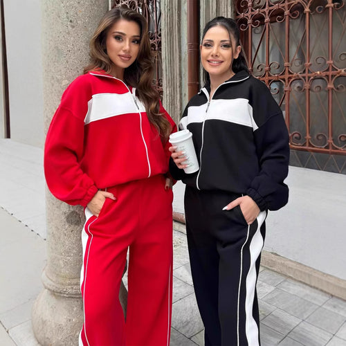 Damen Komfortables Campus-Lounge-Set mit kurzem Reißverschluss-Top und Seitenstreifen-Jogger Shop Nory