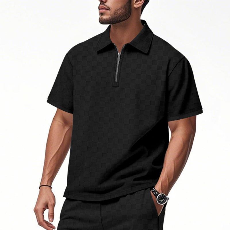 Herren nan kurzes Halbzip-Poloshirt aus strukturierter Waffelpiqué mit Hemdkragen und figurbetonter Passform Shopnory