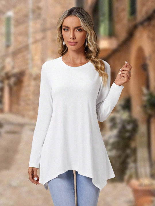 Damen Langes A-Linien Tunika-Oberteil mit Rundhals und asymmetrischem Saum Shop Nory