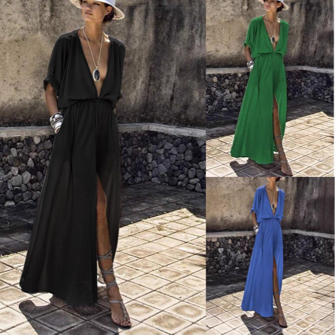 Damen Elegantes Maxikleid mit tiefem V-Ausschnitt und hohem Schlitz