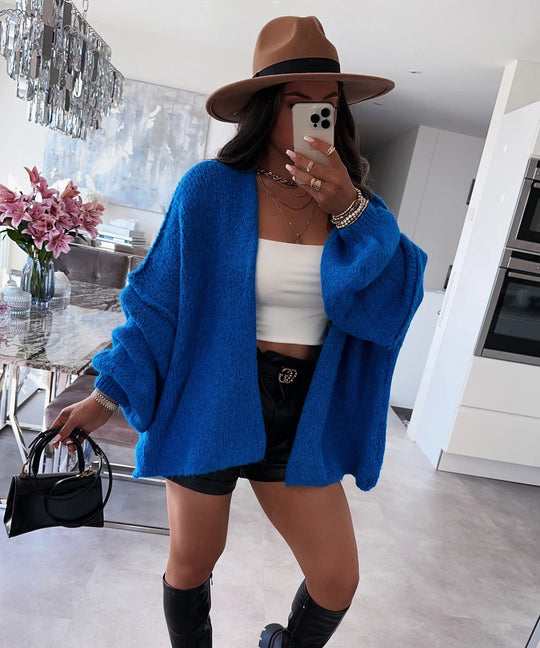 Damen oversized Strickjacke mit lässigen Ballonärmeln und strukturiertem Material