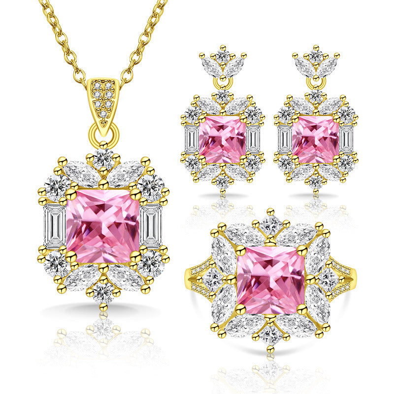 Luxuriöse quadratische Zentrum Cubic-Zirkonia Halo Schmuckkollektion Halskette Ohrringe Ring