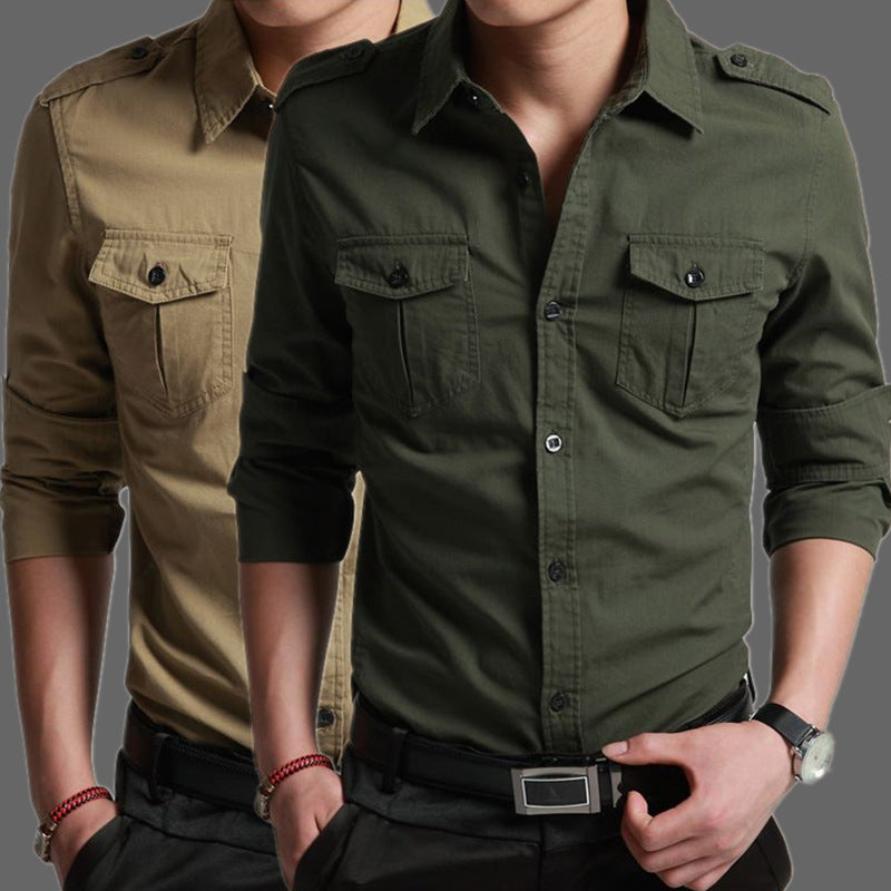 Herren Slim-Fit Baumwoll-Mix Utility-Hemd mit Schulterklappen und Brustpattentaschen Shop Nory