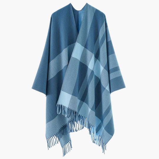 Damen Großkaro-Capeponcho aus Wollmix mit Fransen und offenem Kragen Shop Nory