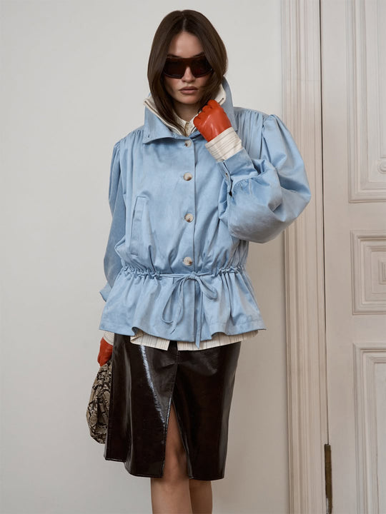 Damen Kurzjacke mit Volumenärmeln, Tunnelzugbund und Stehkragen Shop Nory
