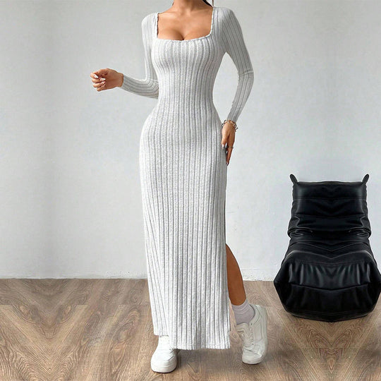 Damen figurbetontes geripptes Maxikleid mit quadratischem Ausschnitt und seitlichem Beinschlitz Shop Nory