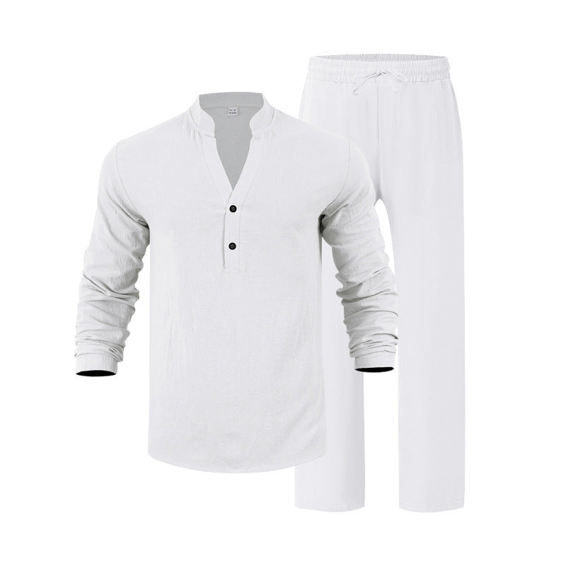 Herren nan legeres Henley-Set aus leichter Leinenoptik mit Stehkragen und elastischer Tunnelzughose Shop Nory