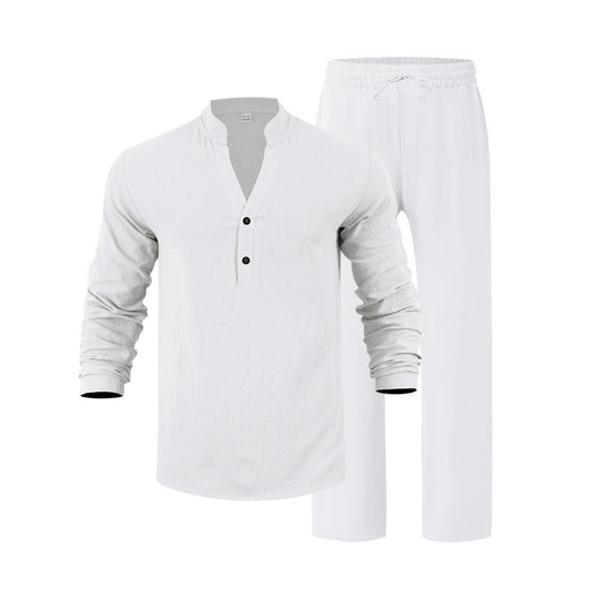 Herren nan legeres Henley-Set aus leichter Leinenoptik mit Stehkragen und elastischer Tunnelzughose Shop Nory