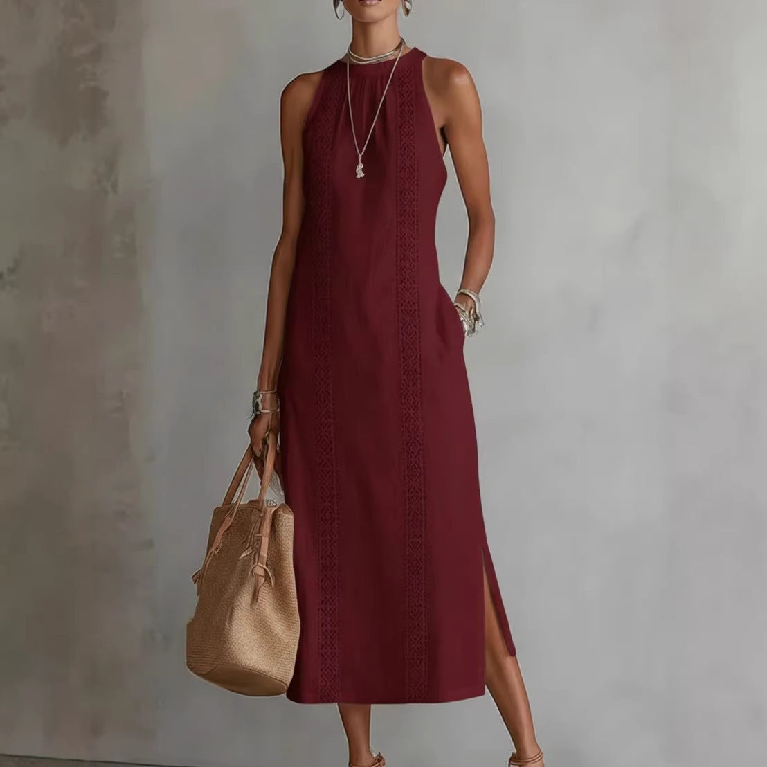 Damen Elegantes Sommer-Maxi-Kleid mit Spitzenapplikation und seitlichem Schlitz