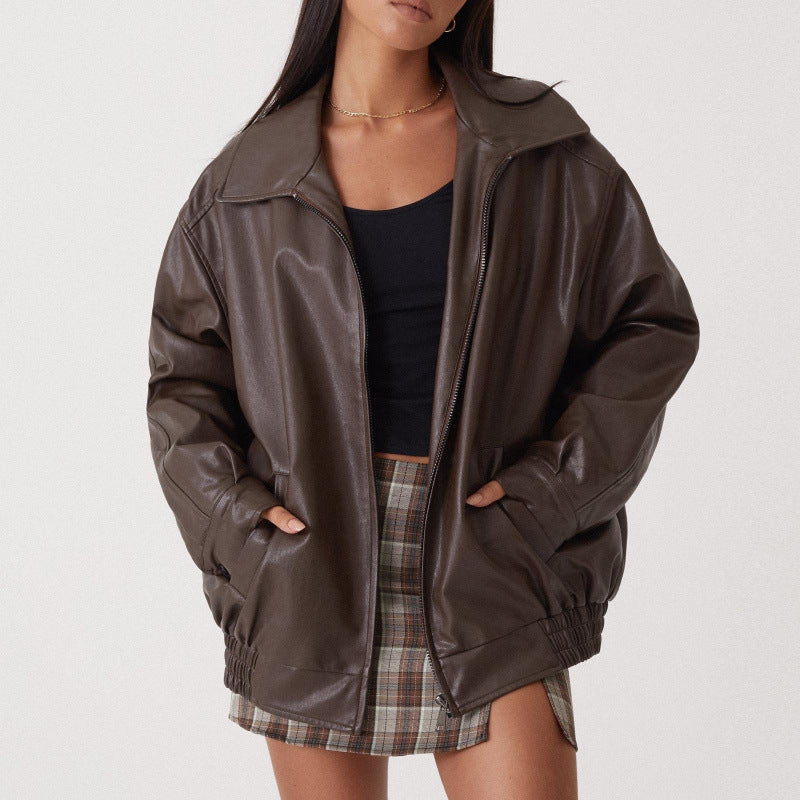 Damen Oversize Kunstleder Blouson mit Reißverschluss und elastischem Saum Shop Nory