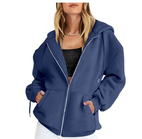 Damen nan oversized Zip-Kapuzenjacke mit kontrastierendem Reißverschluss, doppellagiger Kapuze und Kängurutasche Shop Nory