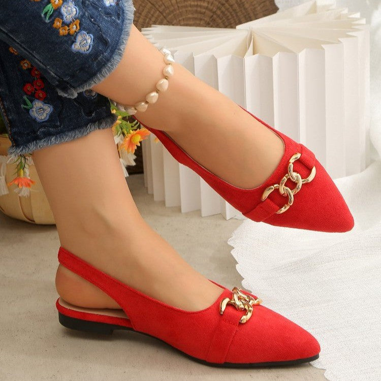 Damen Ballerinas mit Fersenriemen, spitzer Kappe und goldener Kettenverzierung Shop Nory