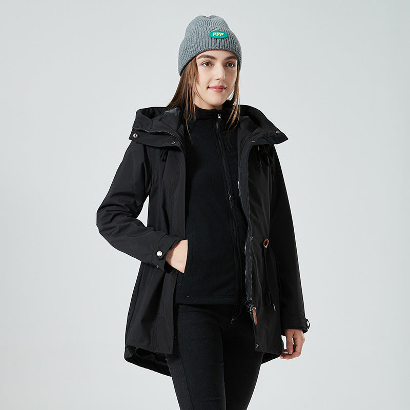 Damen Wasserabweisende taillierte Parka-Jacke mit Kapuze und Kordelzug Shop Nory