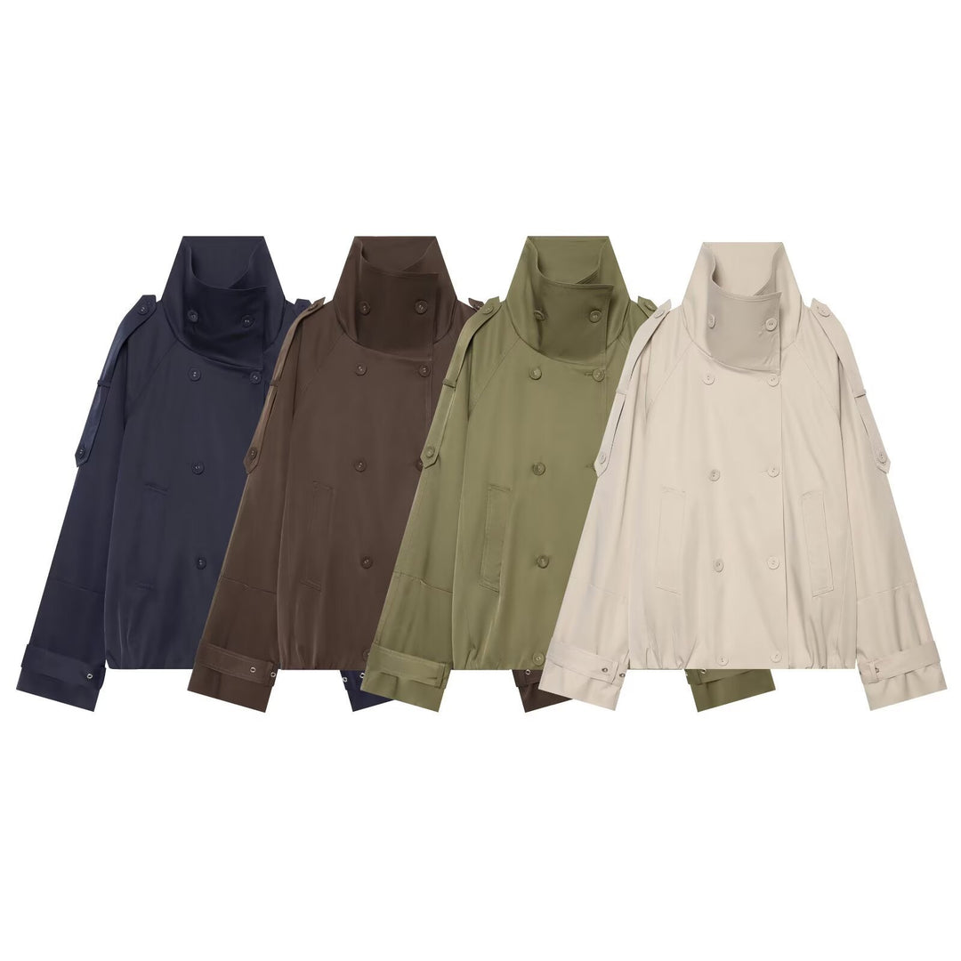 Damen Capeähnlicher Kurzer Doppelreiher-Trench mit hohem Stehkragen und verstellbaren Manschetten Shop Nory