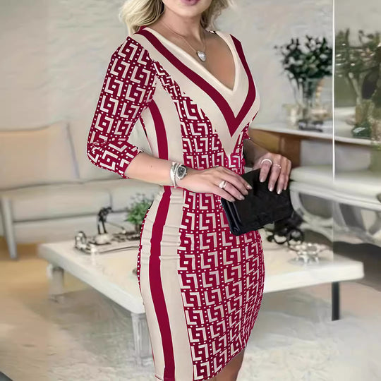 Damen Figurbetontes Etui-Kleid mit tiefem V-Ausschnitt und Dreiviertelärmeln Shop Nory