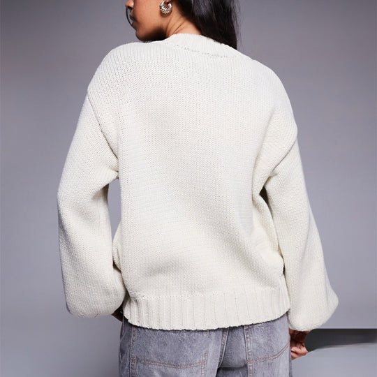 Damen Kurzgeschnittener Knopf-Cardigan mit Ballonärmeln und gerippter Blende Shop Nory