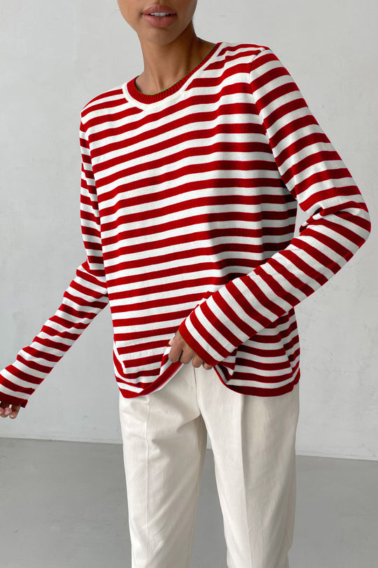Damen nan gestreifter Baumwollpullover mit Rundhals und legerer Passform Shop Nory