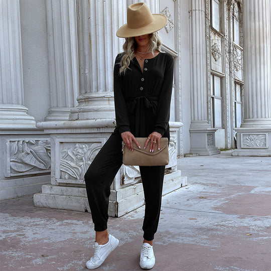 Damen Lässiger Einteiler-Jumpsuit mit Knopfleiste, Bindegürtel und Rippbündchen Shop Nory