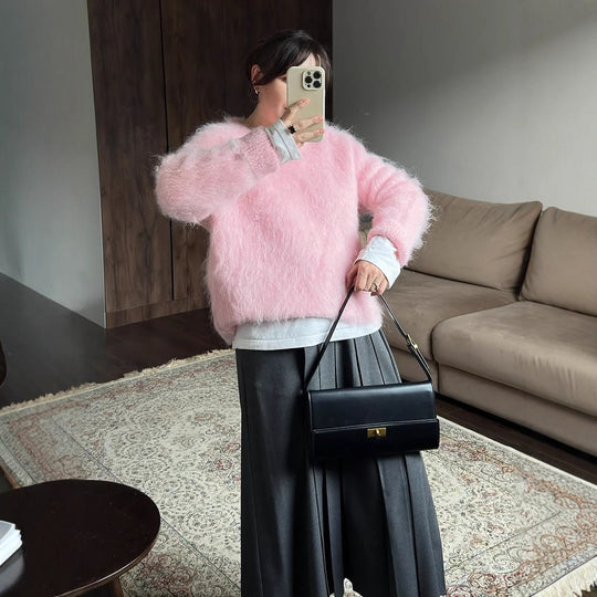 Damen Oversized Mohairpullover mit flauschiger Textur und Rundhalsausschnitt Shop Nory