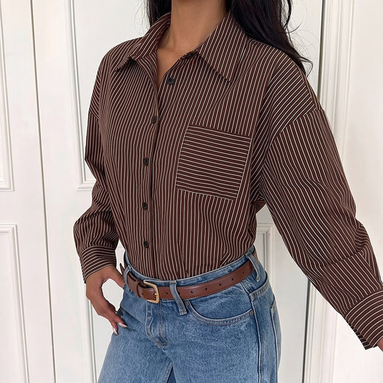 Damen Oversize-Hemdbluse aus Viskose mit feinem Nadelstreifen und Brusttasche Shop Nory