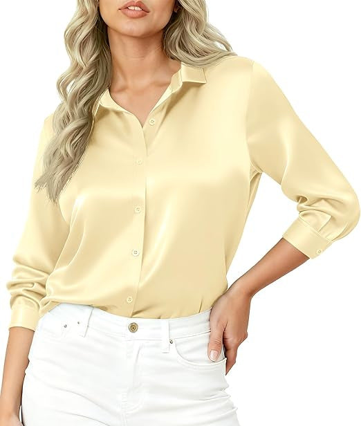 Damen Seidiges Satin-Blusenshirt mit Hemdkragen und dreiviertel Ärmeln Shop Nory