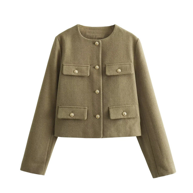 Damen Modische Kurzjacke mit dekorativen Knöpfen und praktischen Taschen