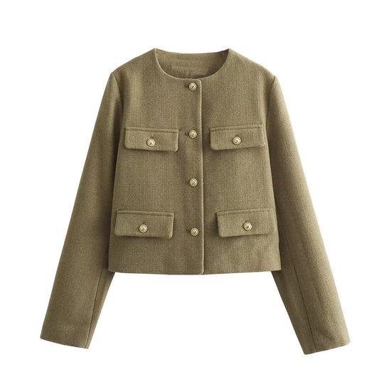 Damen Modische Kurze Jacke mit Pattentaschen