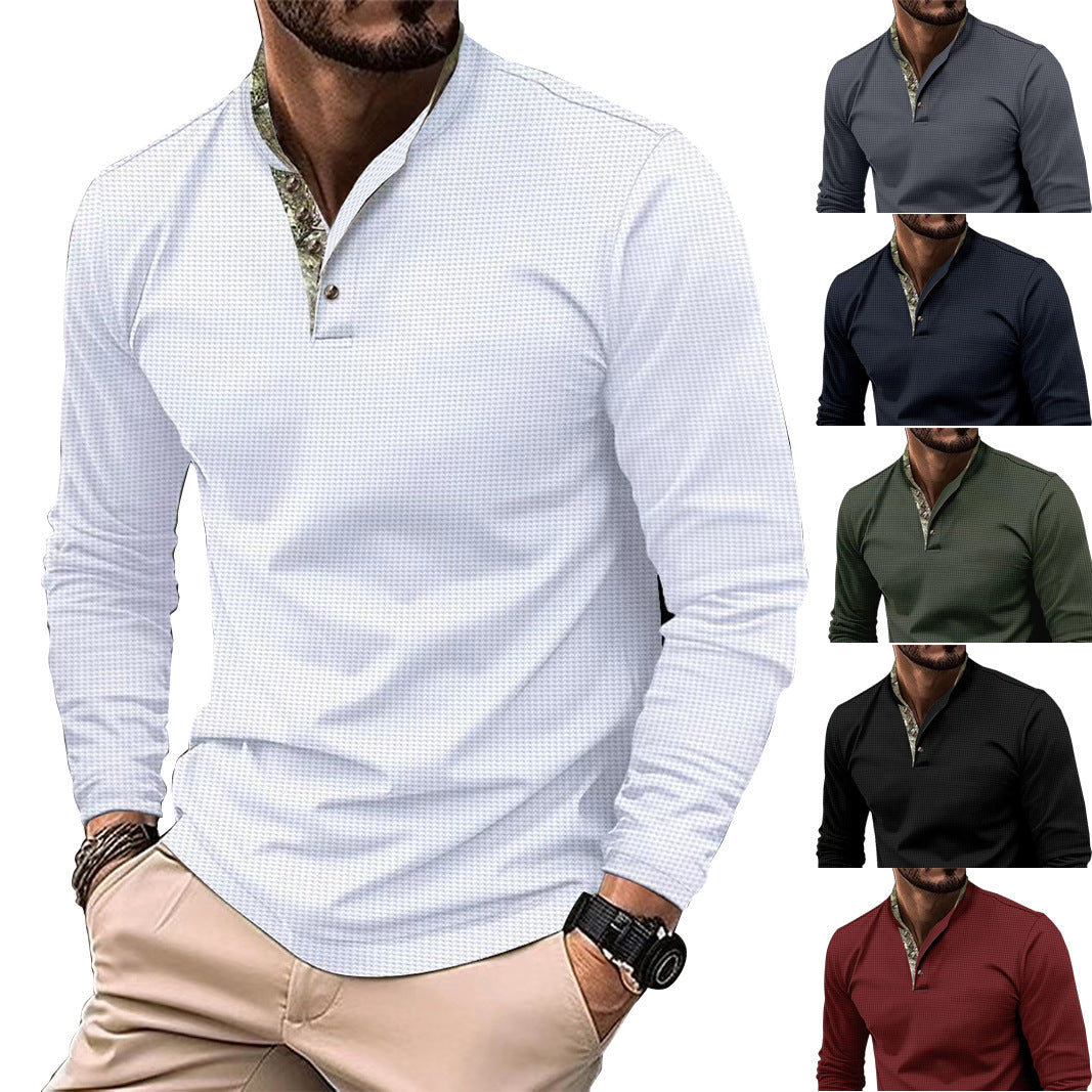 Herren nan langärmliges Henley-Poloshirt mit Stehkragen, feiner Struktur und gemustertem Innenkragen Shop Nory